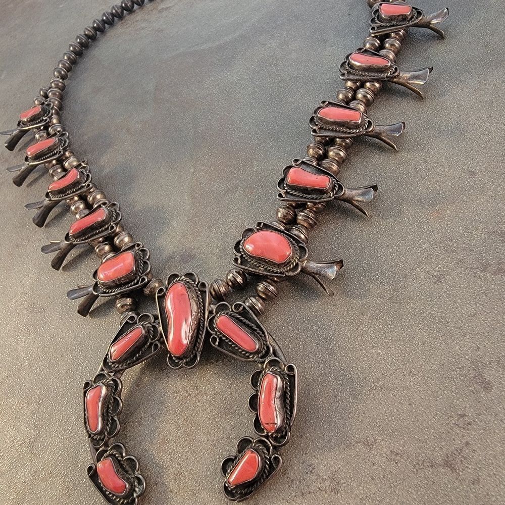 Vintage Navajo 1960's Red Coral Squash Blossom Necklace - Picture 5 of 11